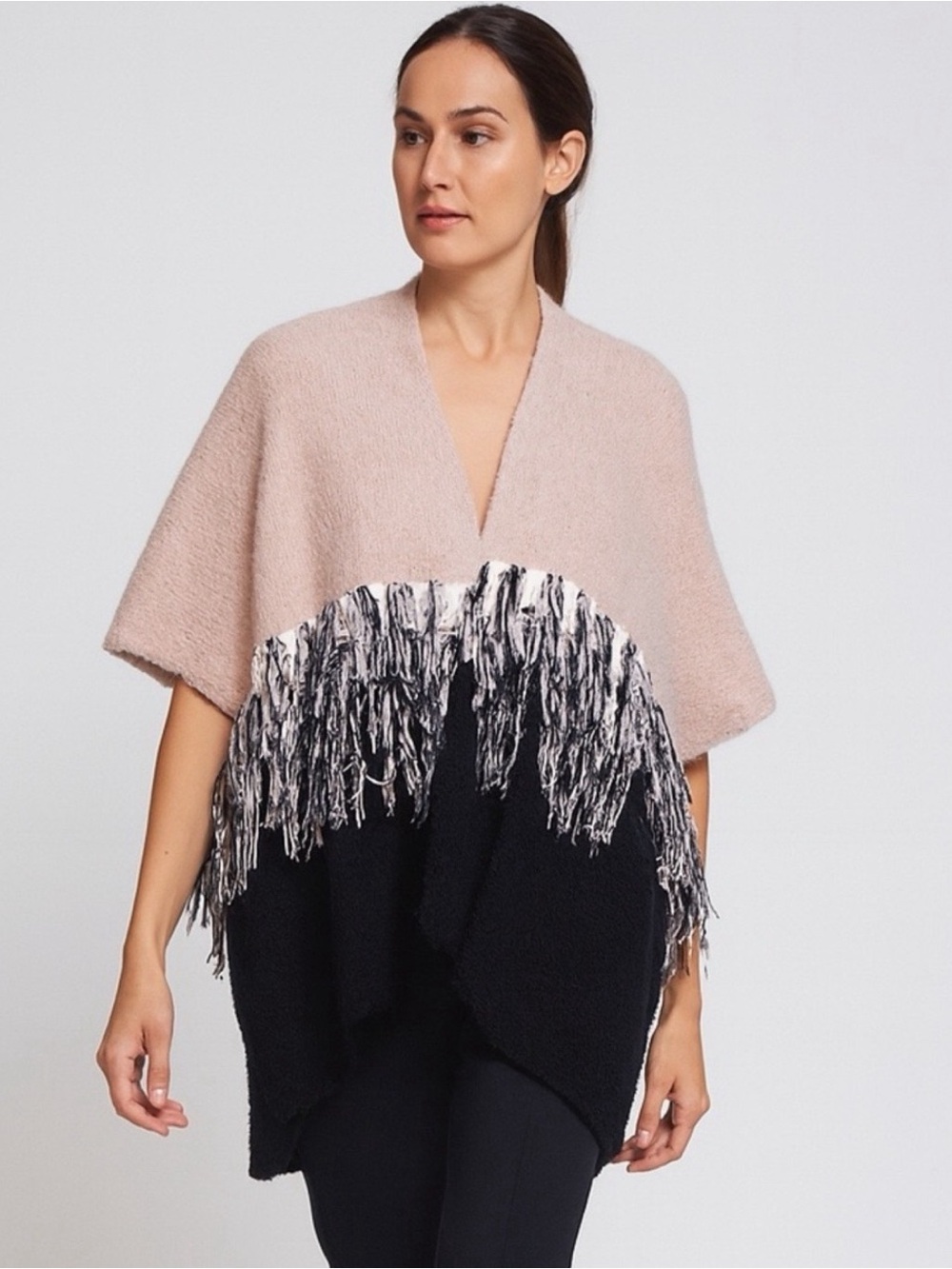 Betsey Johnson Pink Fringed Black Knit Tassels Fringe Trimmed Poncho Cape